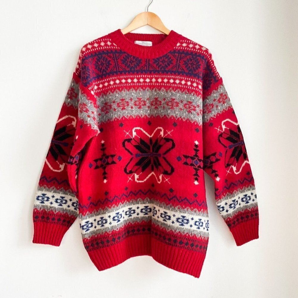 NEW St. Michael For Marks & Spencer Pure New Wool Red Holiday Pullover L